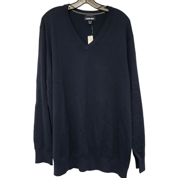 NEW Lands End Navy Blue 100% Supima Cotton Mens V Neck Sweater 2XL Classic Fall - Picture 1 of 8